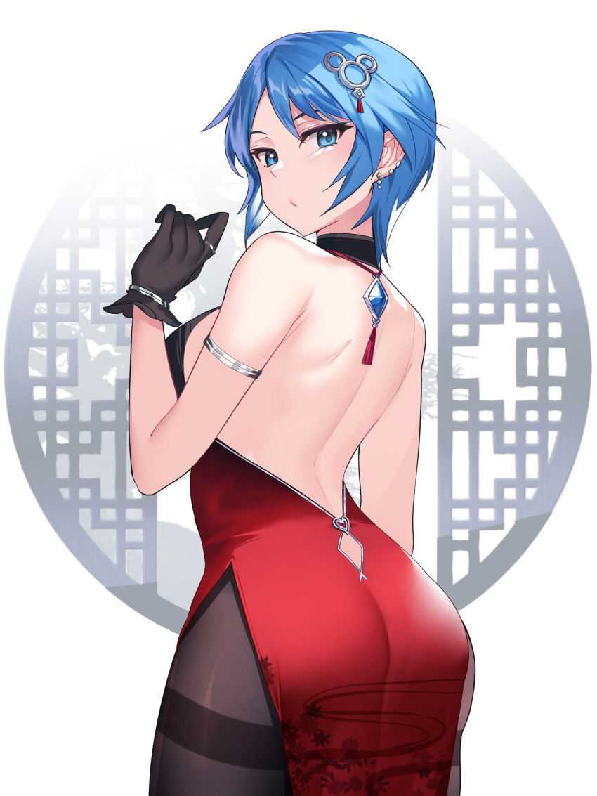 1girl aqua_(kingdom_hearts) backless_dress backless_outfit black_gloves blue_eyes blue_hair china_dress chinese_clothes dress gendo0032 gloves highres kingdom_hearts