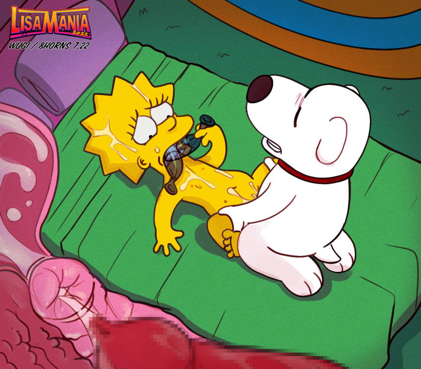 barefoot bed bestiality brian_griffin canid canine canis child collar crossover domestic_dog duo family_guy feet female feral fur furniture hi_res human lisa_simpson male male/female mammal nipples nude on_bed red_collar sex the_simpsons toes white_body white_fur wugi yellow_body yellow_skin young