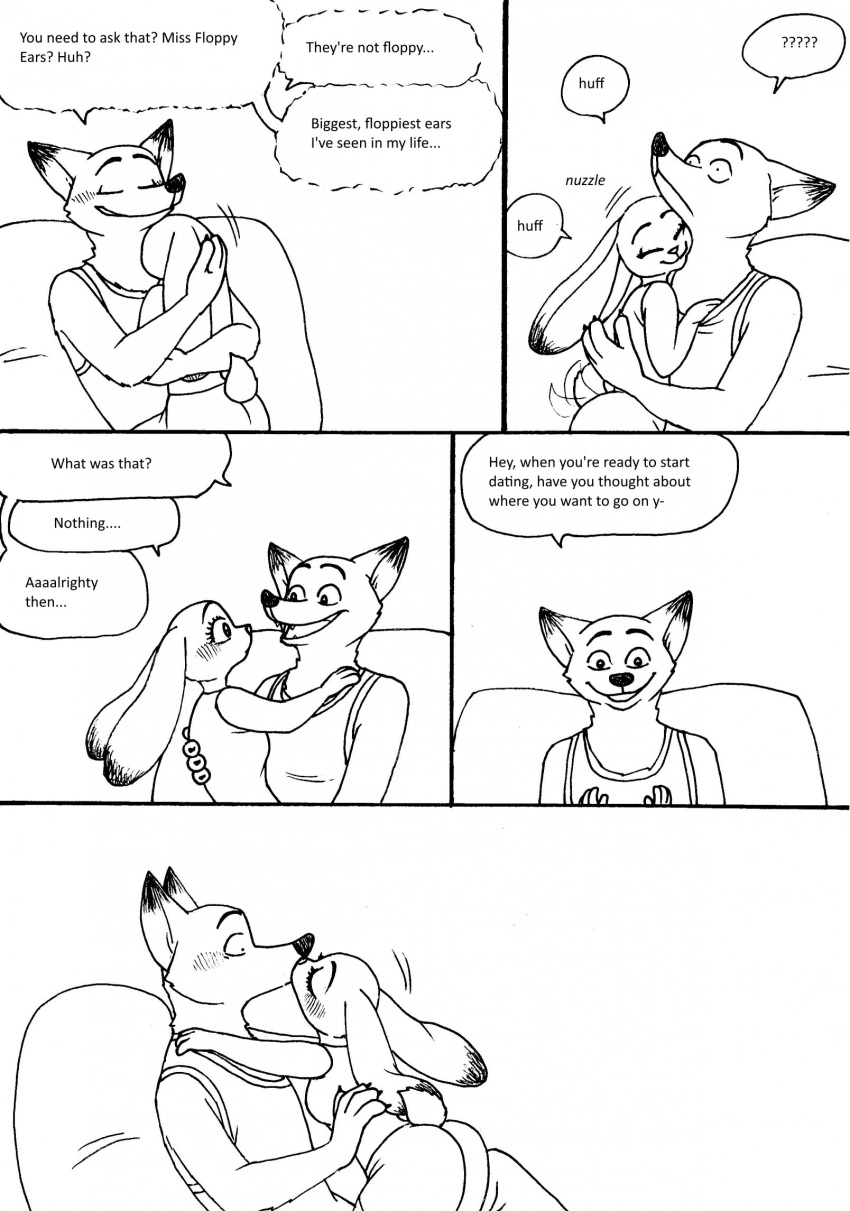 2023 4_fingers anthro bed bernielover bernielover's_college_au blush bottomwear breasts canid canine claws clothed clothing comic cuddling dialogue disney duo embrace english_text female finger_claws fingers fox fur furniture hi_res hug humanoid_hands judy_hopps kiss_on_lips kissing lagomorph leporid male male/female mammal monochrome nick_wilde nuzzling rabbit shirt shorts sitting smile speech_bubble tank_top text topwear zootopia