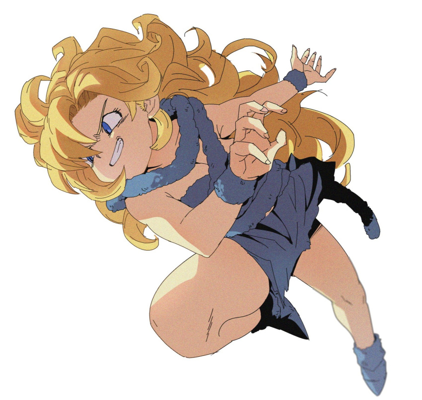 1girl ayla_(chrono_trigger) bantenya blonde_hair blue_eyes breasts chrono_trigger cleavage curly_hair full_body highres long_hair simple_background smile solo white_background