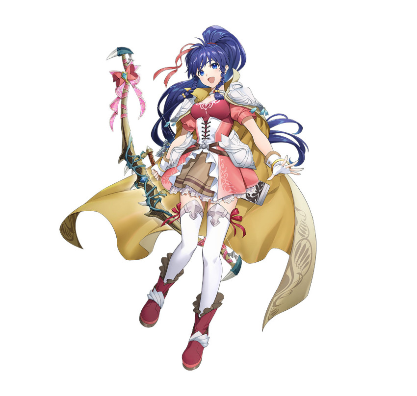 1girl blue_eyes blue_hair boots bow_(weapon) braid braided_sidelock breasts cape choker cleavage corset dress fingerless_gloves fire_emblem fire_emblem:_the_sacred_stones fire_emblem_heroes gloves hair_ribbon hair_tie high_ponytail holding holding_bow_(weapon) holding_weapon long_hair looking_at_viewer medium_breasts non-web_source official_alternate_costume official_art open_mouth pink_corset pink_dress pink_ribbon pleated_dress puffy_short_sleeves puffy_sleeves ribbon short_sleeves smile solo tana_(fire_emblem) thighhighs twin_braids weapon white_background white_gloves white_thighhighs yellow_cape