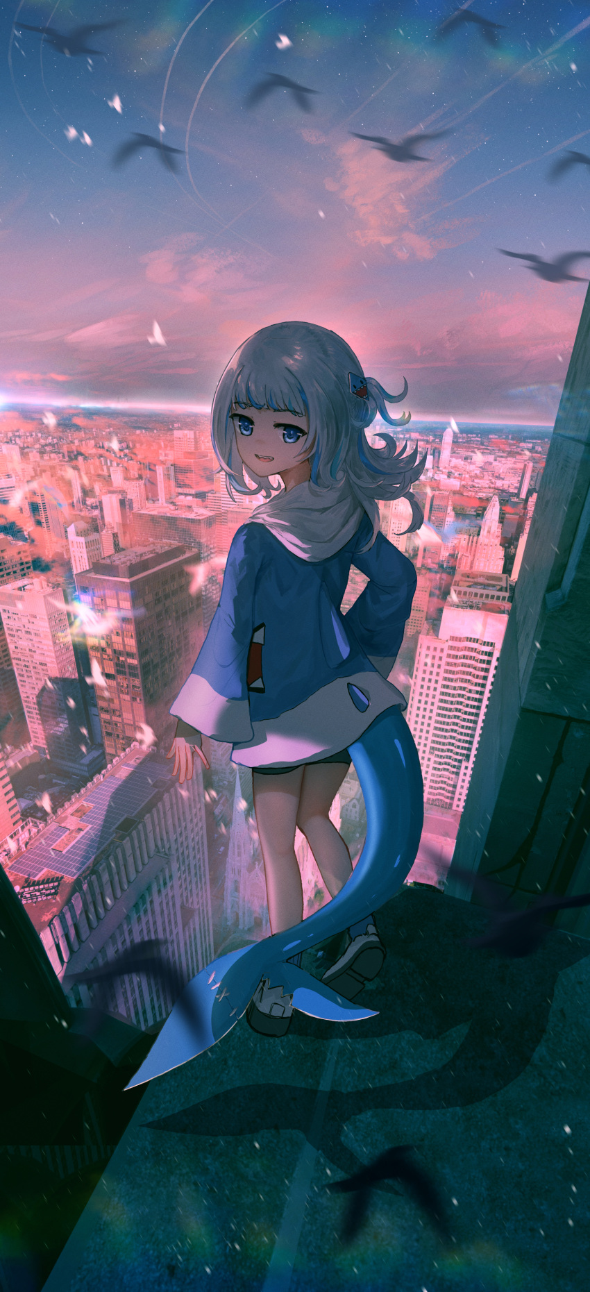 1girl absurdres advarcher aurora bird black_shorts blue_eyes blue_hair blue_hoodie blunt_bangs cityscape cloud cube_hair_ornament english_commentary fins fish_tail gawr_gura gawr_gura_(1st_costume) grey_hair hair_ornament highres hololive hololive_english hood hoodie long_sleeves looking_at_viewer medium_hair multicolored_hair new_york outdoors scenery shark_girl shark_hair_ornament shark_tail sharp_teeth shoes shorts sidelocks sky sneakers solo standing standing_on_roof streaked_hair tail teeth virtual_youtuber white_footwear wide_sleeves