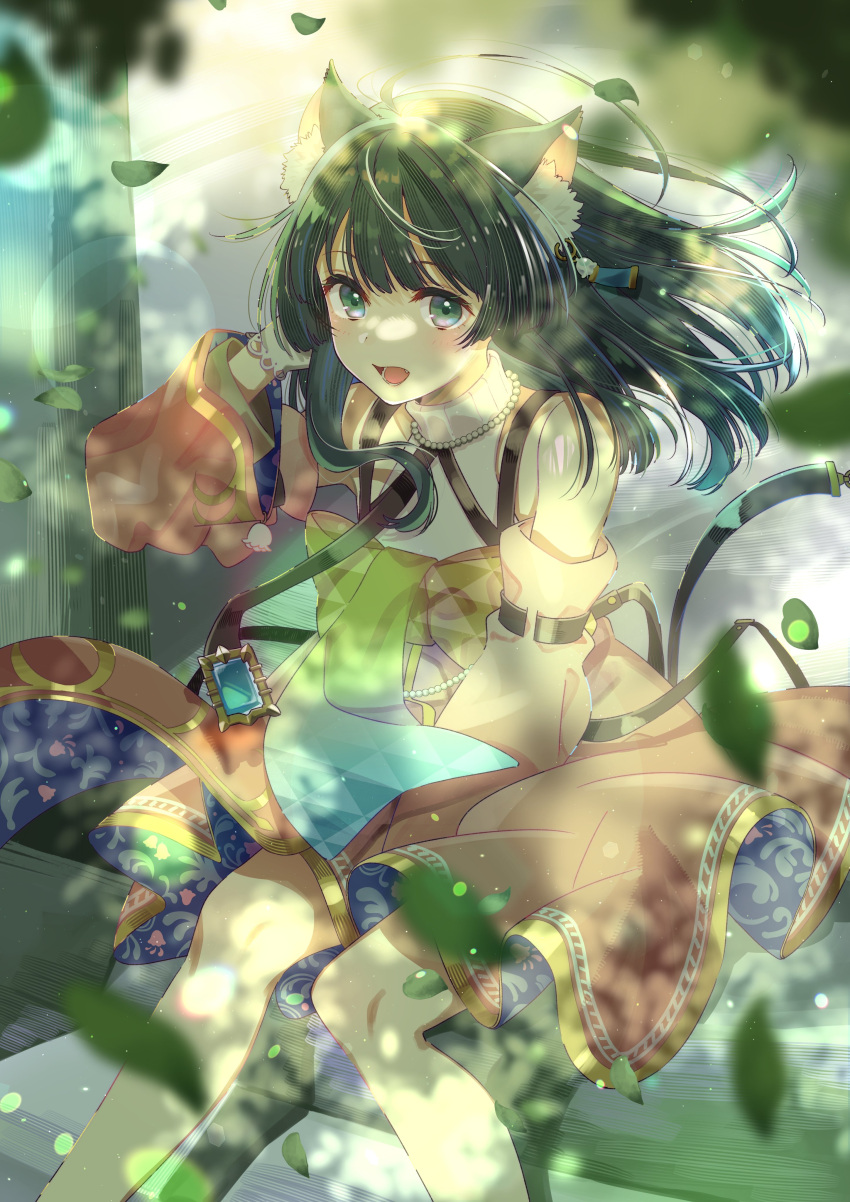 1girl absurdres animal_ear_fluff animal_ears atelier_(series) atelier_resleriana bell bell_earrings black_hair blush bow cat_ears cat_girl detached_sleeves dress earrings floating_hair gem gloves guest_art hand_up highres hirayama_kanna holding izana_kokoschka jewelry leaf lens_flare long_hair long_sleeves looking_at_viewer necklace official_art open_mouth outdoors patterned pearl_necklace promotional_art sitting solo wind
