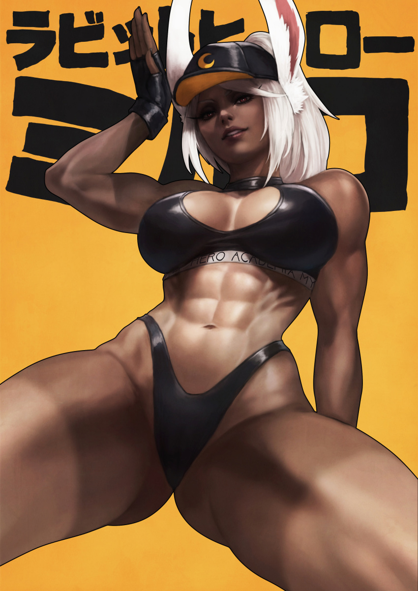 1girl abs absurdres animal_ears arm_up ass_visible_through_thighs bare_shoulders black_gloves black_headwear black_panties black_sports_bra boku_no_hero_academia breasts cleavage copyright_name crescent_print dark-skinned_female dark_skin fingerless_gloves gloves hand_up highleg highleg_panties highres large_breasts long_eyelashes long_hair looking_at_viewer mirko monori_rogue muscular muscular_female navel panties parted_lips rabbit_ears rabbit_girl rabbit_pose red_eyes smile solo sports_bra spread_legs stomach tan tanlines thick_thighs thighs underwear white_hair yellow_background