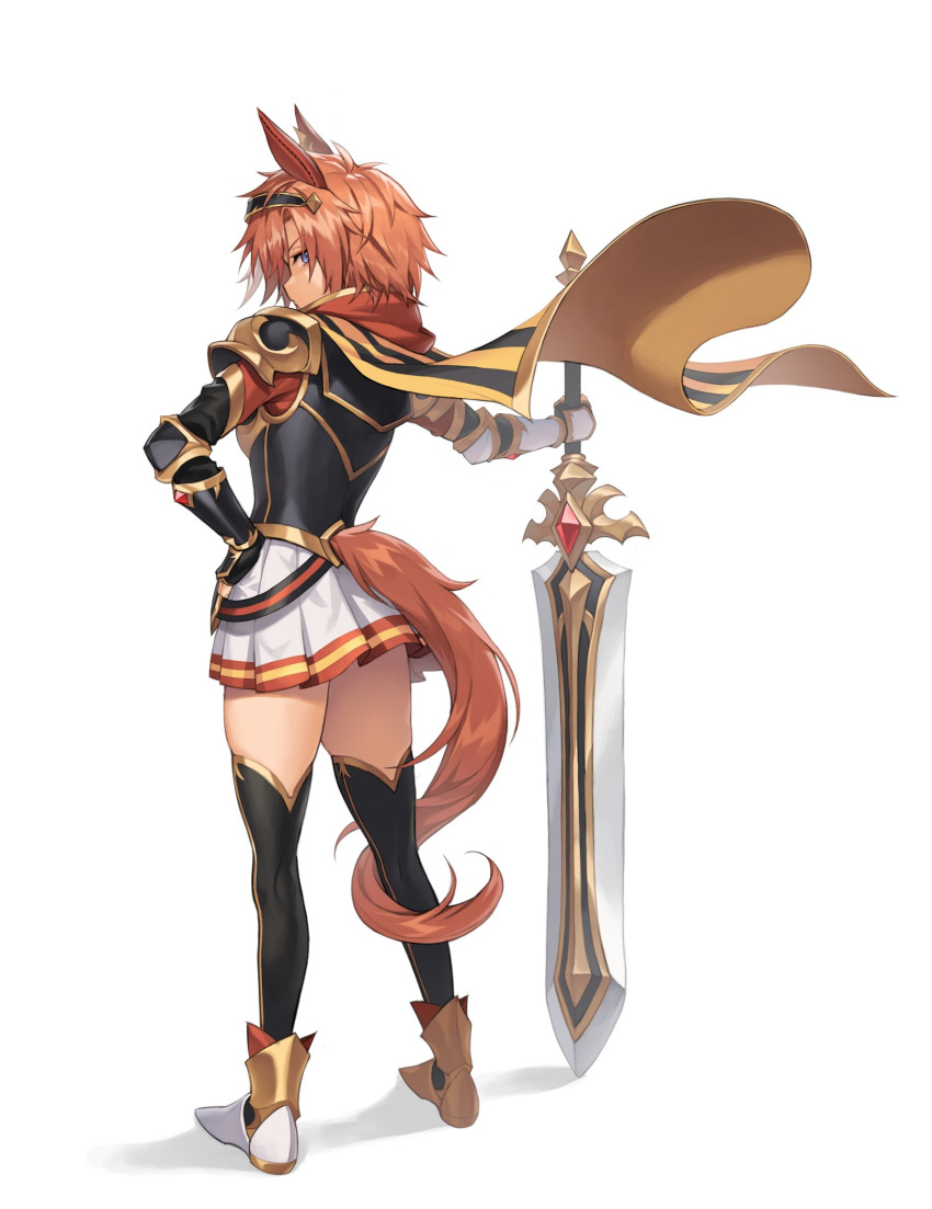 1girl animal_ears armor black_thighhighs blue_eyes brown_hair cape commentary cuirass durandal_(racehorse) ear_covers from_behind fukuro_(maruaru00) full_body greatsword hairband highres holding holding_sword holding_weapon horse_ears horse_girl horse_tail looking_at_viewer miniskirt original pauldrons personification sabaton shadow short_hair shoulder_armor sideways_glance simple_background skirt solo striped_cape sword tail tail_around_own_leg tail_through_clothes thighhighs vambraces weapon white_background yellow_cape