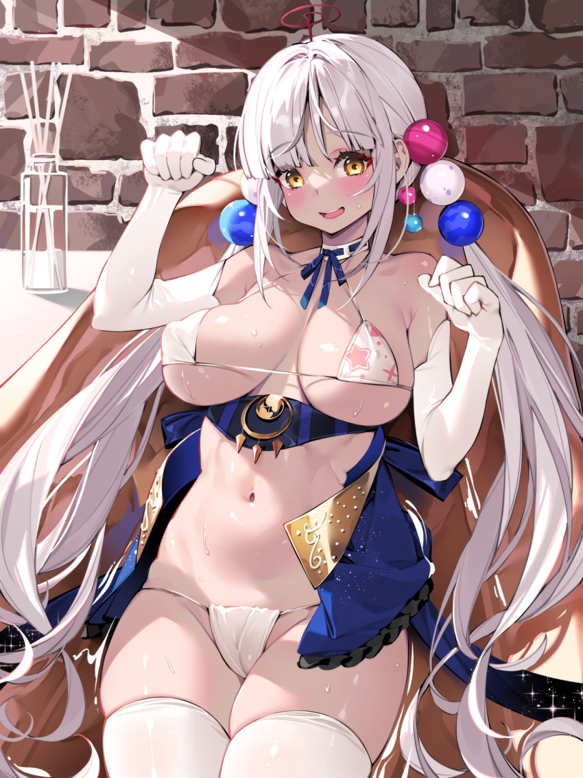 1girl bare_shoulders bikini blush breasts cameltoe cleavage covered_nipples dark-skinned_female dark_skin elbow_gloves gloves hair_ornament highres hololive hololive_english large_breasts limiter_(tsukumo_sana) long_hair looking_at_viewer navel open_mouth planet planet_hair_ornament smile solo sweat swimsuit thighhighs tsukumo_sana twintails very_long_hair virtual_youtuber waterring white_hair yellow_eyes