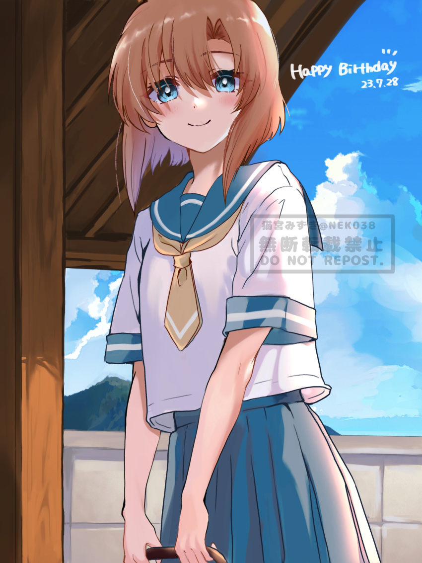 1girl 2023 blue_eyes blue_sailor_collar blue_skirt blue_sky blush bright_pupils closed_mouth commentary_request cowboy_shot dated day eyelashes eyes_visible_through_hair hair_between_eyes happy_birthday highres higurashi_no_naku_koro_ni medium_hair mizuno374 neckerchief orange_hair outdoors pleated_skirt ryuuguu_rena sailor_collar school_uniform serafuku shirt short_sleeves skirt sky smile solo standing twitter_username white_pupils white_shirt yellow_neckerchief