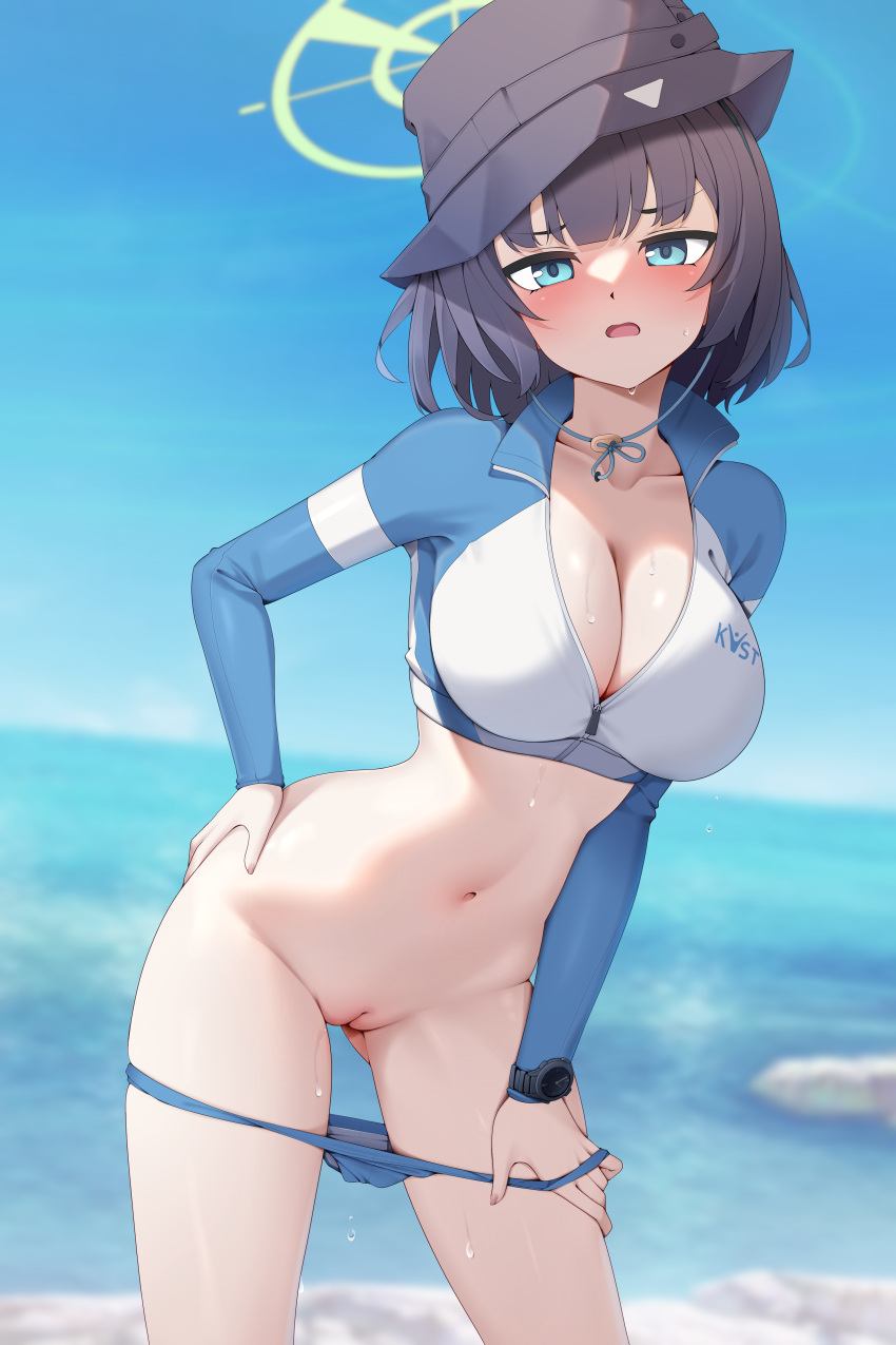 1girl absurdres ass_visible_through_thighs bikini bikini_bottom_pull blue_archive blue_bikini blush breasts bucket_hat cameltoe cleavage cleft_of_venus collarbone halo hand_on_own_hip hat highres large_breasts long_sleeves looking_at_viewer navel nose_blush official_alternate_costume outdoors partially_unzipped purple_hair raglan_sleeves rash_guard saki_(blue_archive) saki_(swimsuit)_(blue_archive) smile solo stomach sweatdrop swimsuit uncensored watch wristwatch z.taiga