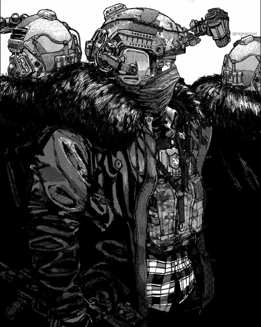1boy 2others coat ear_protection fur-trimmed_coat fur_trim helmet highres instagram_username long_sleeves looking_afar migrainxxl monochrome multiple_others night_vision_device plaid plaid_shirt pouch resident_evil resident_evil_village scarf scarf_over_mouth shirt solo_focus upper_body