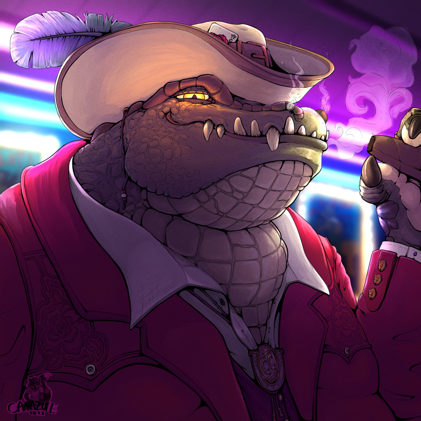 1:1 absurd_res ace_of_spades alligator alligatorid anthro backlighting belt_buckle blurred_background bolo_tie button_(fastener) camazule card chubby_male cigar clawed_fingers claws clothed clothing collared_shirt cowboy cowboy_hat crocodile crocodilian crocodylid eyebrows flower fully_clothed glowing glowing_eyes green_body green_scales hat hat_feather headgear headwear hi_res holding_cigar holding_object hybrid inside jacket light lighting lights lips looking_at_viewer loose_feather low-angle_view male neon_lights open_clothing open_shirt open_topwear overweight plant playing_card portrait poster raised_eyebrow red_clothing reptile rose_(flower) scales scalie shirt smile smoke_from_mouth smoke_from_nose smoking smug_face solo teeth topwear yellow_eyes