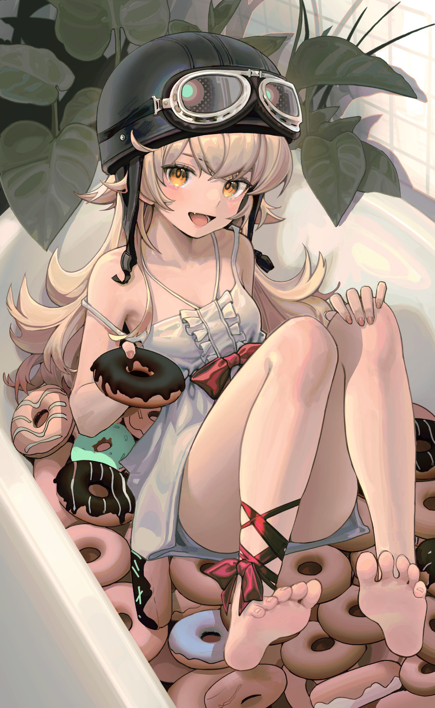 1girl :d absurdres bakemonogatari barefoot bathtub blonde_hair bow breasts constant_qiu convenient_leg doughnut dress dress_bow fang feet fingernails food full_body goggles goggles_on_headwear hair_between_eyes hand_on_own_knee helmet highres holding holding_food knees_together_feet_apart knees_up leg_ribbon legs long_hair looking_at_viewer monogatari_(series) nail_polish open_mouth oshino_shinobu red_bow red_ribbon ribbon single_bare_shoulder sitting small_breasts smile soles solo strap_slip thighs toenails toes white_dress yellow_eyes