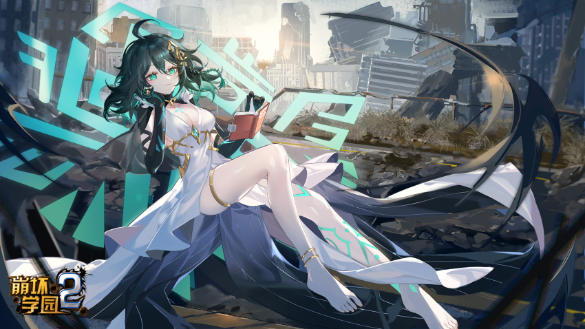 1girl anklet barefoot benghuai_xueyuan book breasts chinese_commentary city cleavage closed_mouth dress elbow_gloves feet floating foot_out_of_frame full_body gloves green_eyes green_gloves green_hair hair_ornament highres holding holding_book honkai_(series) jewelry looking_at_viewer medium_hair official_art outdoors ruins second-party_source sky smile solo tattoo toes wendy_(honkai_impact) white_dress white_sky