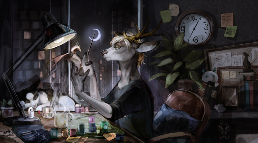 absurd_res anthro artist book clock crescent_moon deer drawing_sofa flower hi_res horn lamp male mammal model moon night paints pet plant smoke solo watch