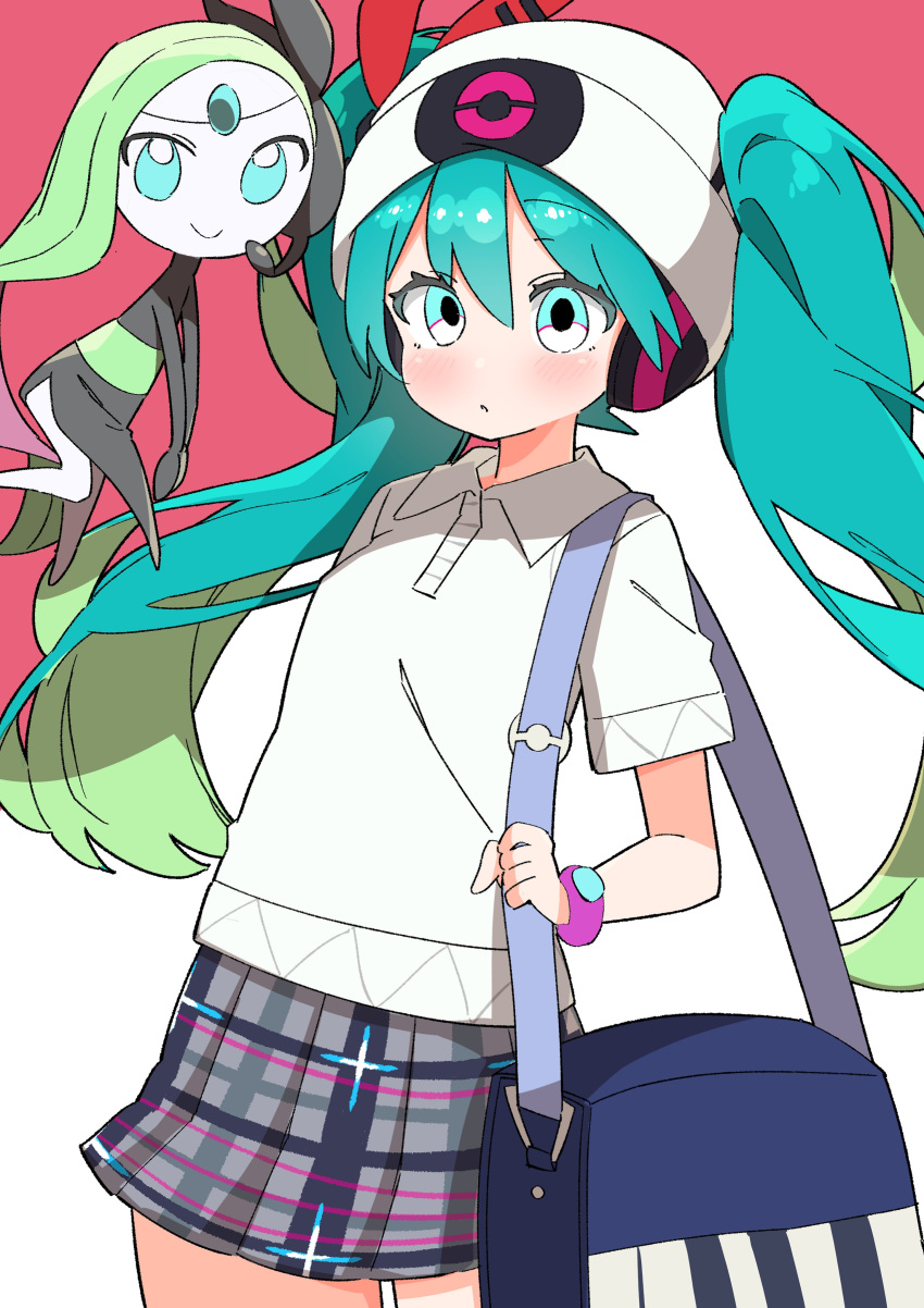 absurdres bag hatsune_miku highres meloetta meloetta_(aria) multicolored_hair pokemon shoulder_bag skirt twintails two-tone_hair uruti_2388 vocaloid