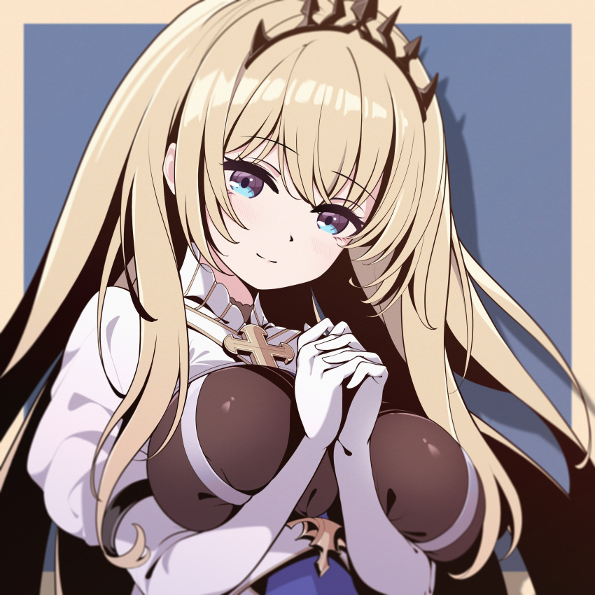 1girl absurdres azur_lane black_tiara blonde_hair blue_background blue_eyes border breasts closed_mouth cross framed_breasts hands_up highres large_breasts long_hair long_sleeves outside_border own_hands_clasped own_hands_together painleve_(azur_lane) rabe26k simple_background smile solo tiara upper_body yellow_border
