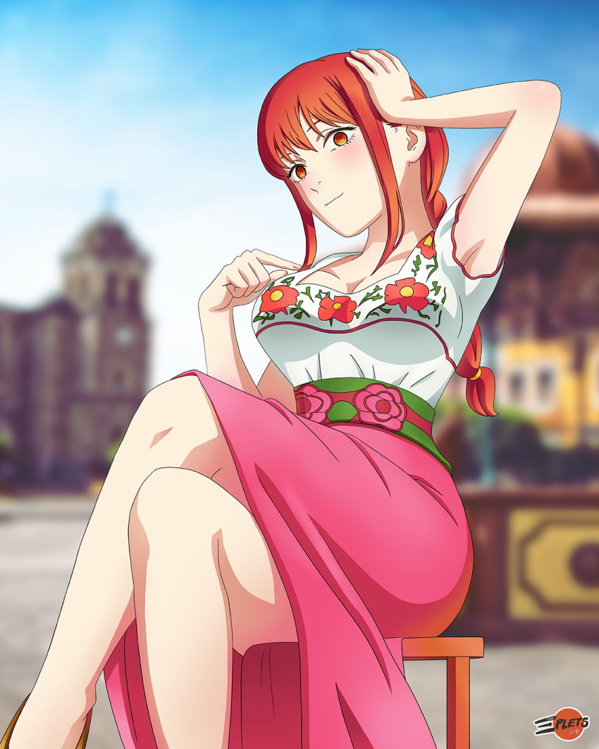 1girl blurry chainsaw_man crossed_legs depth_of_field highres looking_at_viewer makima_(chainsaw_man) mexican_dress mexico pink_skirt red_eyes red_hair sitting skirt solo user_zfgk3835