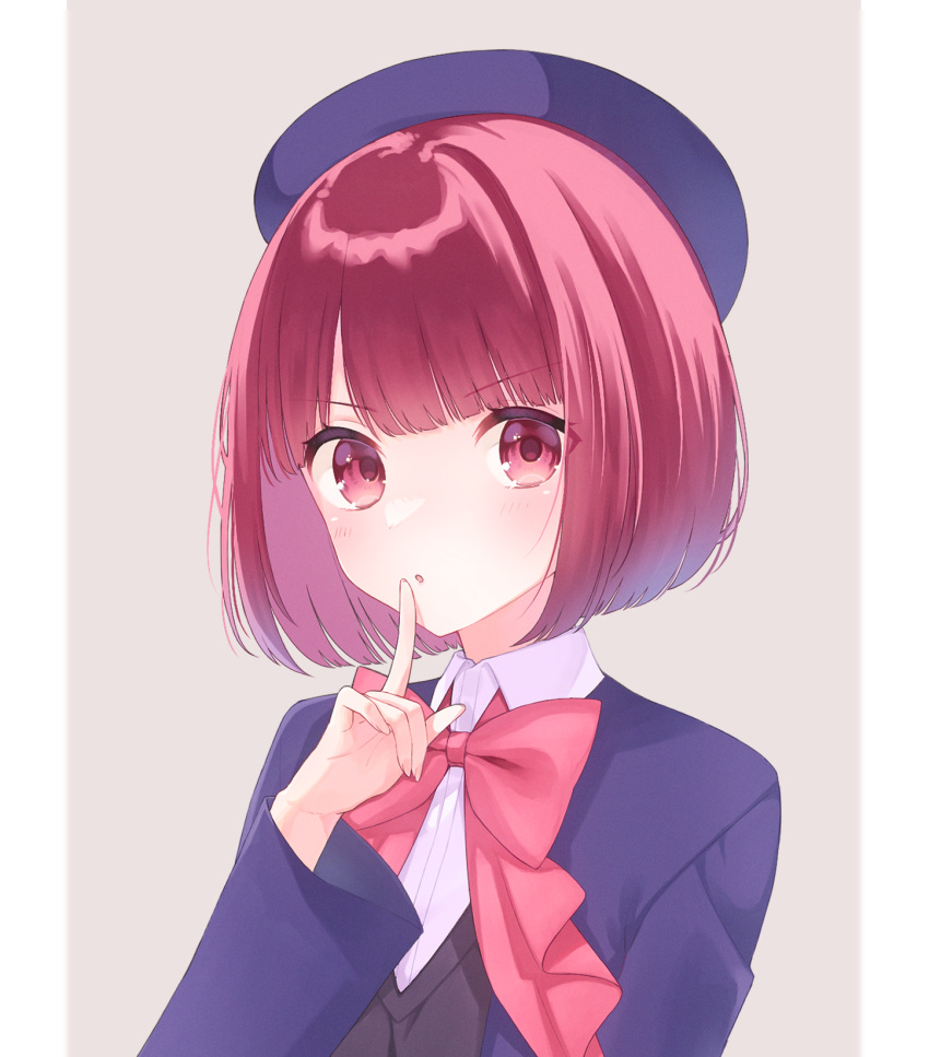 1girl arima_kana beret black_vest blue_headwear blue_jacket blush bob_cut bow bowtie collared_shirt commentary_request finger_to_mouth hat highres jacket long_sleeves oshi_no_ko parted_lips partial_commentary pink_bow pink_bowtie red_eyes red_hair school_uniform shirt short_hair solo ten_minanon vest white_shirt youtou_high_school_uniform