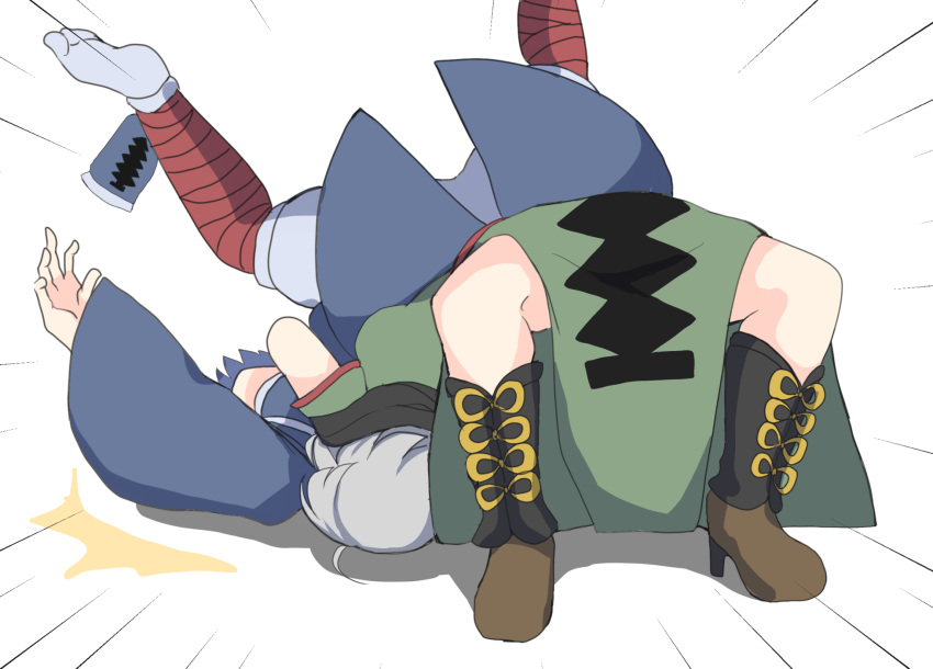 2others ahoge androgynous bandaged_leg bandages bent_over black_footwear black_scarf blue_dress blue_hair blue_headwear blunt_ends boots bow brown_footwear commentary_request dress emphasis_lines footwear_bow fujiwara_no_shirogane_no_sanra green_dress grey_hair hat high_heel_boots high_heels highres japanese_clothes kashiwagi_kaoru knee_boots len'en long_dress long_sleeves military_uniform multiple_others no_headwear no_shoes ougi_hina pagoda puffy_shorts red_trim scarf shadow shockwave short_hair short_sleeves shorts socks tate_eboshi two-tone_footwear uniform unworn_hat unworn_headwear white_background white_shorts white_socks wide_sleeves yellow_bow