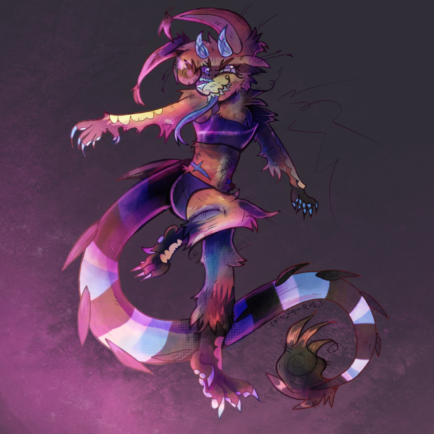 ambiguous_gender anthro arm_scales biped blue_tongue carlarzall carlarzall_(carlarzall) clothed clothing crystal crystal_horn digital_media_(artwork) felid feline fluffy fluffy_tail full-length_portrait fur hair hi_res hybrid long_tongue mammal multicolored_body multicolored_fur nose_scar portrait pseudo_horn scaled_legs scales scaly_tail scar sharp_teeth simple_background solo spiked_tail spikes spikes_(anatomy) tail tail_tuft teeth tipped_ears tongue tongue_out toothy_smile tuft tufted_ears
