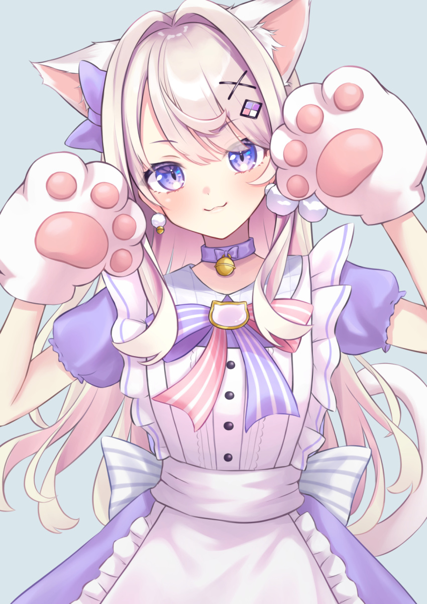1girl :3 alternate_costume animal_ears animal_hands apron bell blue_background blush bow cat_brooch cat_ears cat_paws cat_tail choker closed_mouth colored_inner_hair diamond_hair_ornament dress earrings frilled_apron frills gloves hair_bow hair_intakes hair_ornament hairclip highres indie_virtual_youtuber jewelry light_brown_hair long_hair looking_at_viewer multicolored_hair neck_bell paw_gloves pink_gloves pink_hair pink_ribbon pink_tail pom_pom_(clothes) pom_pom_earrings purple_bow purple_choker purple_dress purple_eyes purple_ribbon regimiruku rhombus ribbon short_sleeves simple_background smile solo striped striped_ribbon swept_bangs tail v-shaped_eyebrows virtual_youtuber watagashi_unou white_apron x x_hair_ornament