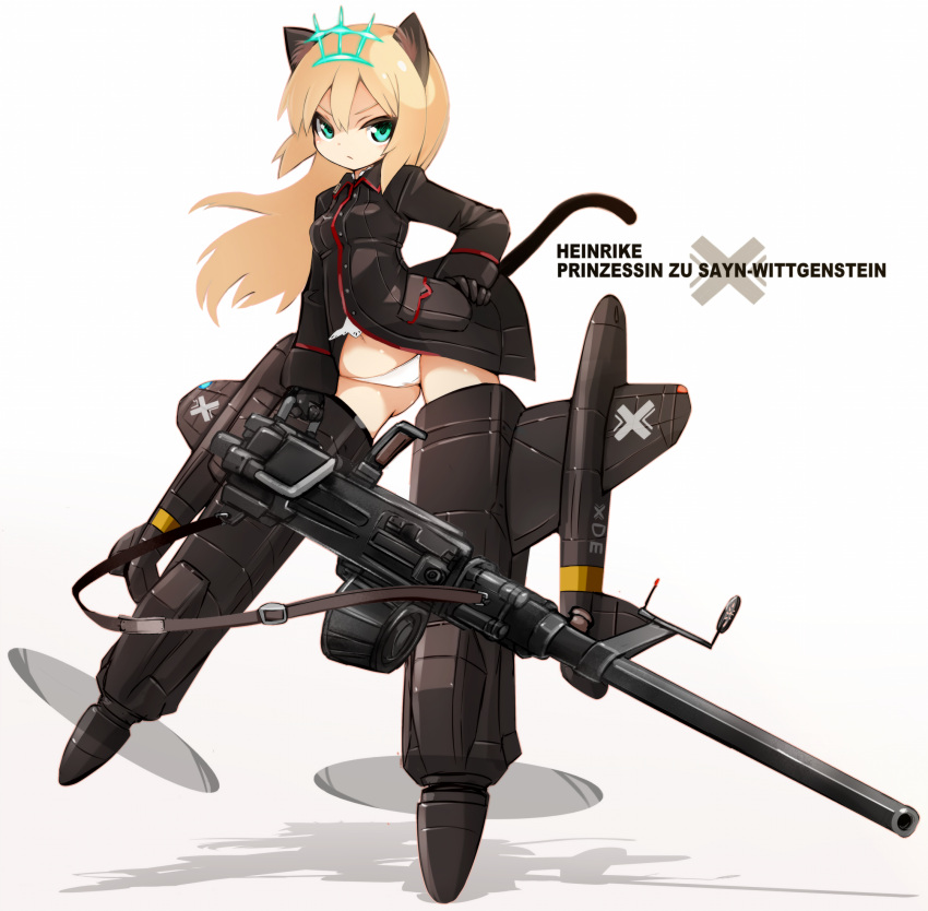 1girl animal_ears aqua_eyes black_gloves black_jacket black_tail cannon cat_ears cat_tail character_name closed_mouth gloves hand_on_own_hip heinrike_prinzessin_zu_sayn-wittgenstein highres hirschgeweih_antennas holding_cannon jacket karukan_(monjya) long_hair looking_at_viewer military_uniform noble_witches panties propeller simple_background solo striker_unit tail underwear uniform white_background white_panties world_witches_series