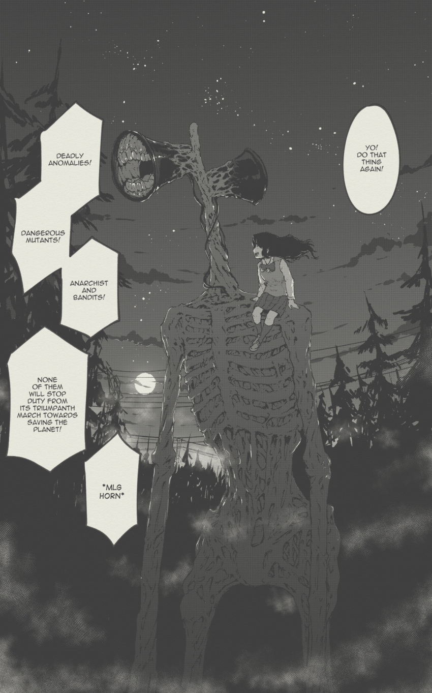 1girl english_text forest greyscale highres lily_(tyrone) monochrome monster nature night original outdoors siren_head sitting_on_shoulder size_difference sky speech_bubble stalker_(game) star_(sky) starry_sky tree tyrone
