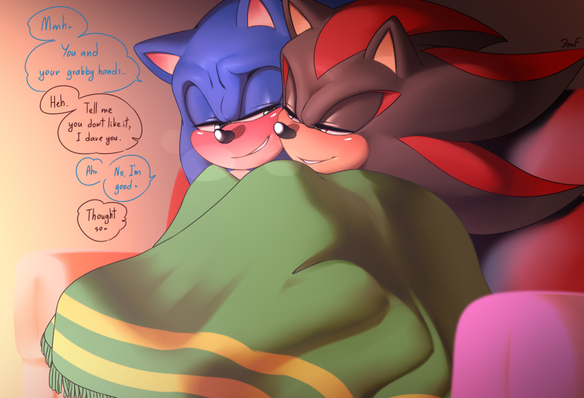 anthro black_body blue_body blush duo eulipotyphlan hedgehog hi_res krazyelf male male/male mammal multicolored_body red_body sega shadow_the_hedgehog smile sonic_the_hedgehog sonic_the_hedgehog_(series) tan_body two_tone_body under_covers