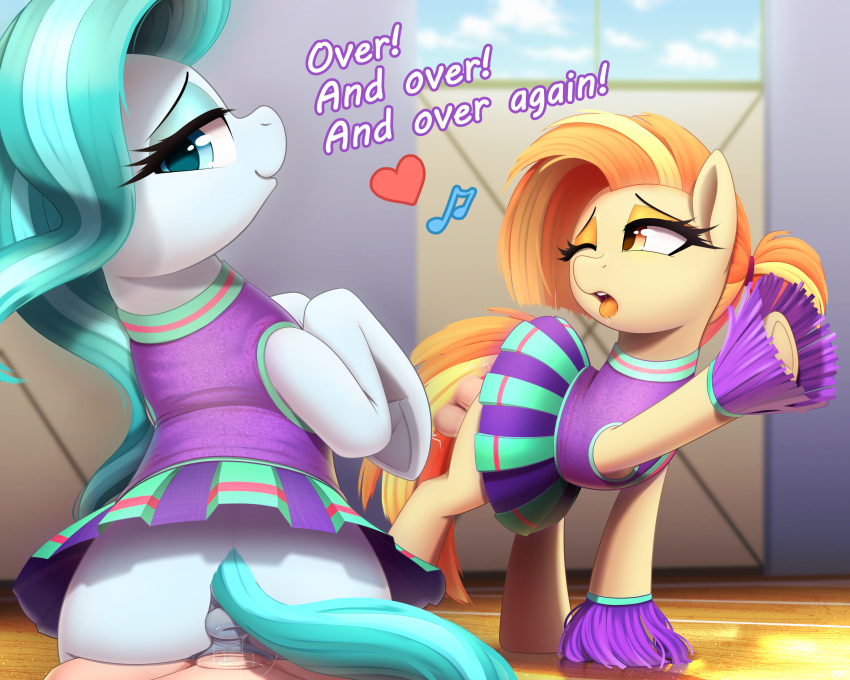 &lt;3 2023 absurd_res anus bottomwear butt cheerleader clothing dialogue digital_media_(artwork) duo_focus earth_pony english_text equid equine eyebrows eyelashes female feral friendship_is_magic genitals group hasbro hi_res hooves horse lighthoof_(mlp) looking_back male male/female mammal my_little_pony one_eye_closed open_mouth pony pussy sex shimmy_shake_(mlp) skirt smile text thebatfang