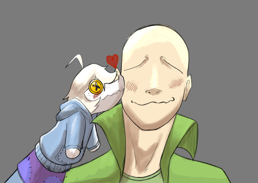 &lt;3 absurd_res anon_(snoot_game) ather_os bald blush button_eyes chervyarts clothed clothing colored faceless_character faceless_human headshot_portrait hi_res human human_only judee kissing male mammal not_furry nuzzling offscreen_character portrait puppet shaded simple_background snoot_game snout solo third-party_edit