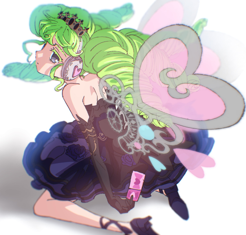 1girl bare_shoulders black_dress black_footwear black_gloves closed_mouth colored_eyelashes commentary_request dress drill_hair edamame_(buruburu) elbow_gloves expressionless falulu full_body gears gloves green_hair grey_eyes headphones heart high_heels highres holding_ticket idol_clothes long_hair looking_at_viewer looking_back pretty_(series) pripara priticket sidelocks sitting solo tiara twin_drills twintails wariza wings