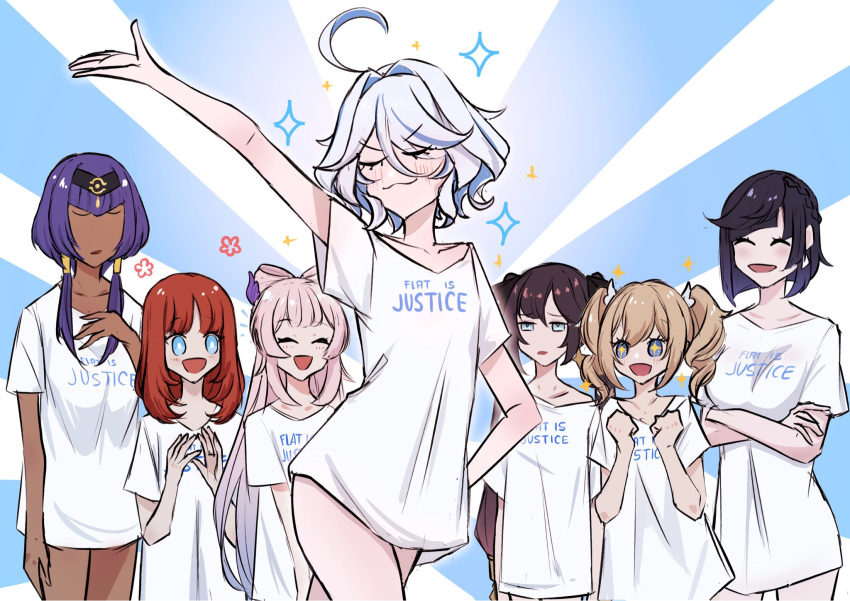 +_+ 6+girls :d alternate_costume arm_up barbara_(genshin_impact) black_hair black_hairband black_ribbon blank_stare blonde_hair blue_background blue_eyes blue_hair bob_cut bow-shaped_hair braid breasts candace_(genshin_impact) clapping clenched_hands closed_eyes crossed_arms dark-skinned_female dark_blue_hair dark_skin diagonal_bangs english_commentary english_text eye_of_horus flat_chest furina_(genshin_impact) genshin_impact gradient_hair hair_between_eyes hair_ribbon hairband half-closed_eyes hand_on_own_chest highres light_blue_hair long_hair mamaprofennn medium_breasts mona_(genshin_impact) multicolored_hair multiple_girls nilou_(genshin_impact) outstretched_arm pink_hair print_shirt purple_hair red_hair ribbon sangonomiya_kokomi shirt short_hair short_hair_with_long_locks smile smug sparkle twintails two-tone_background white_background white_shirt yelan_(genshin_impact)