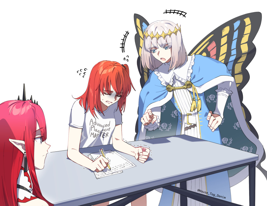 1boy 2girls ahoge bare_shoulders blue_cloak blue_eyes breasts butterfly_wings clenched_teeth cloak closed_eyes desk detached_collar diamond_hairband dress earrings fairy_knight_tristan_(fate) fate/grand_order fate_(series) flying_sweatdrops fujimaru_ritsuka_(female) fur-trimmed_cloak fur_trim grey_eyes grey_hair highres house_tag_denim insect_wings jewelry long_hair long_sleeves medium_breasts multiple_girls oberon_(fate) one_side_up open_mouth orange_hair paper pencil pink_hair pointy_ears red_dress shaded_face short_hair sidelocks teeth tiara wings