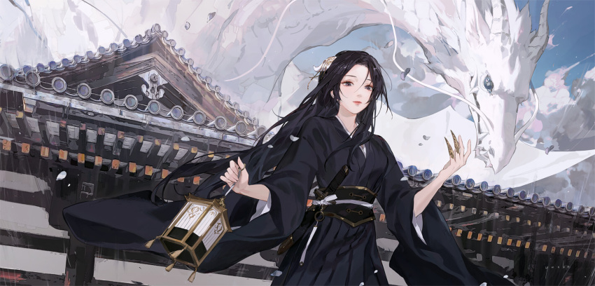 1girl architecture black_hair claw_ring dragon east_asian_architecture hair_ornament highres holding holding_lantern japanese_clothes kimono lantern long_hair original sheath sheathed short_sword sword temple weapon white_scales wide_sleeves yueko_(jiayue_wu)