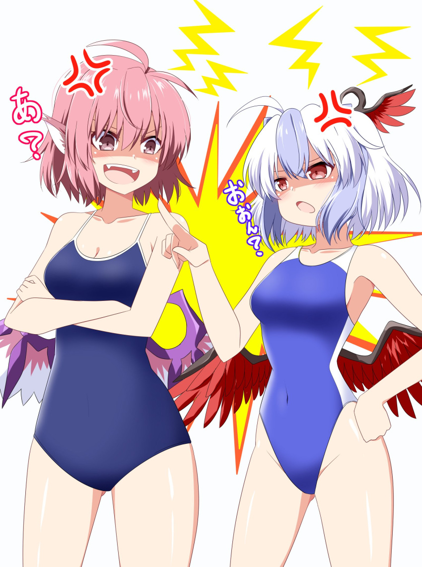 2girls ahoge anger_vein animal_ears artist_name bare_arms bare_legs bare_shoulders bird_ears bird_wings blue_hair blue_one-piece_swimsuit blush collarbone commission competition_swimsuit cowboy_shot grey_hair groin hair_between_eyes head_wings highres multicolored_hair multiple_girls mystia_lorelei one-piece_swimsuit open_mouth pink_eyes pink_hair red_wings rise_(rise19851203) school_swimsuit second-party_source shaded_face short_hair signature single_head_wing skeb_commission swimsuit tokiko_(touhou) touhou two-tone_hair white_wings wings