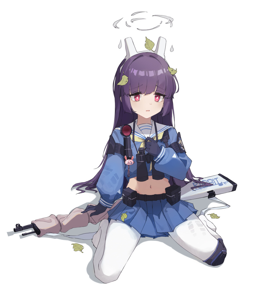 1girl absurdres animal_ears belt black_gloves black_hair blue_archive blue_shirt blue_skirt blush bolt_action commentary_request fake_animal_ears ferret gloves gun hairband highres holding holding_gun holding_weapon knee_pads leaf leaf_on_head long_hair looking_at_viewer miniskirt miyu_(blue_archive) mizuha_(251572640) mosin-nagant on_head open_mouth pantyhose pouch raised_eyebrows red_eyes rifle sailor_collar shirt shoes single_knee_pad sitting skirt sneakers sniper_rifle solo wariza weapon white_background white_footwear white_pantyhose