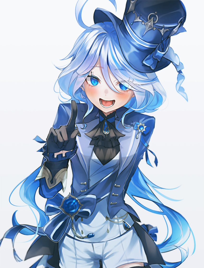 1girl :d absurdres ahoge ascot black_ascot black_gloves black_shirt blue_bow blue_eyes blue_hair blue_headwear blue_jacket blue_ribbon blush bow brooch buttons commentary_request drop-shaped_pupils eyelashes frilled_sleeves frills furina_(genshin_impact) genshin_impact gloves hair_between_eyes hair_intakes half_gloves hand_up hat hat_bow heterochromia highres index_finger_raised jacket jewelry lapels long_hair long_sleeves looking_at_viewer lower_teeth_only mismatched_pupils multicolored_hair open_clothes open_jacket open_mouth raiseafuture ribbon round_teeth shirt shorts sidelocks simple_background smile solo standing swept_bangs symbol-shaped_pupils tassel teeth tilted_headwear tongue top_hat very_long_hair vest vision_(genshin_impact) white_background white_hair white_shorts white_vest