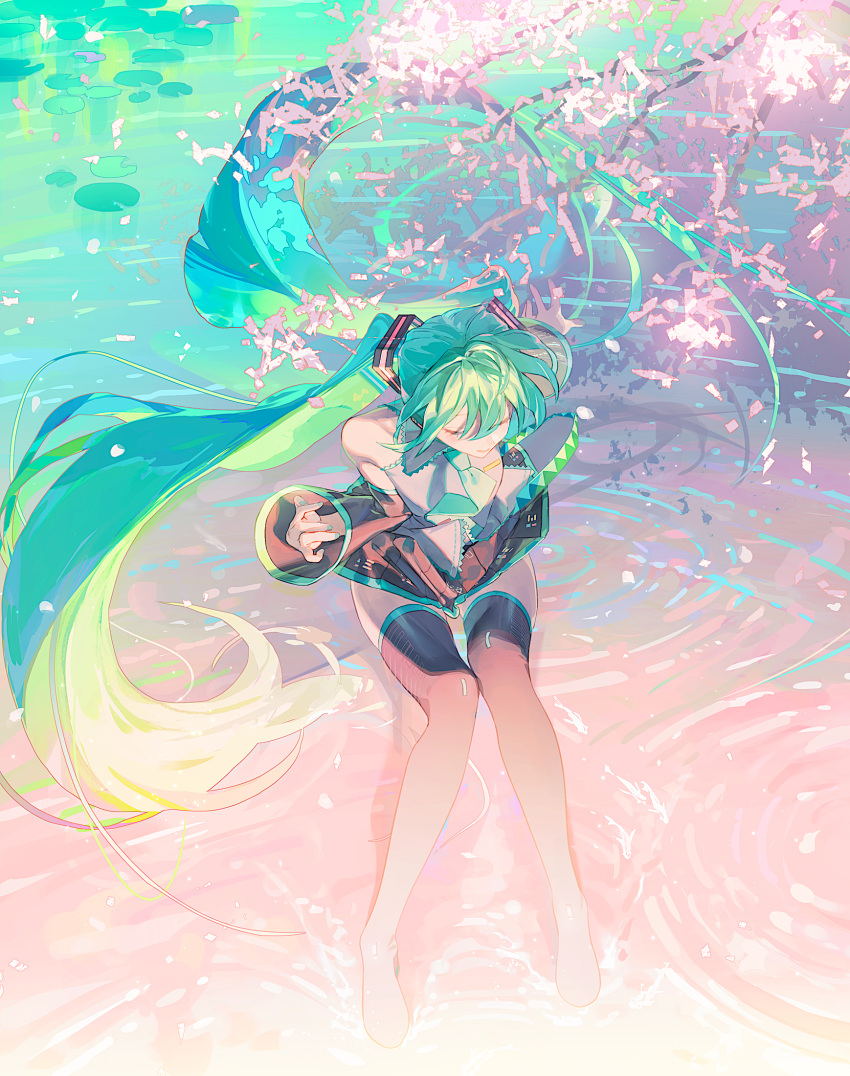 1girl agyou_sonokou_l aqua_hair aqua_nails aqua_necktie arm_held_back bare_shoulders black_skirt boots cherry_blossoms closed_eyes collared_shirt detached_sleeves facing_down floating_hair from_above full_body grey_shirt hair_ornament hatsune_miku highres knees_up lily_pad long_hair miku_day necktie open_mouth outdoors pond ripples shirt sitting skirt sleeveless sleeveless_shirt solo spring_(season) thigh_boots thighs twintails very_long_hair vocaloid wind
