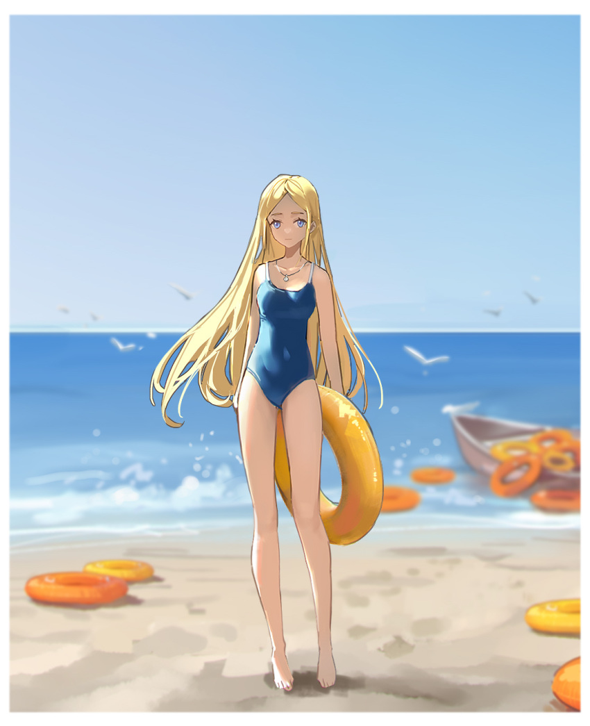 1girl bare_arms bare_legs barefoot beach bird blonde_hair blue_eyes blue_one-piece_swimsuit blue_sky blurry blurry_background border breasts collarbone day full_body highres innertube jewelry kofune_ushio long_hair looking_at_viewer meinoss necklace ocean one-piece_swimsuit outdoors parted_bangs school_swimsuit shell_necklace sky small_breasts solo spaghetti_strap standing straight_hair summertime_render swimsuit very_long_hair white_border