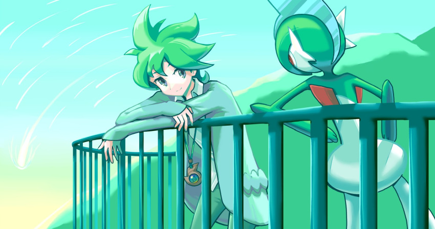 1boy against_fence bangs cardigan closed_mouth commentary day fence ffccll gallade green_hair green_pants grey_cardigan grey_eyes highres jewelry leaning_forward male_focus necklace outdoors pants pokemon pokemon_(creature) pokemon_(game) pokemon_oras shirt smile wally_(pokemon) white_shirt