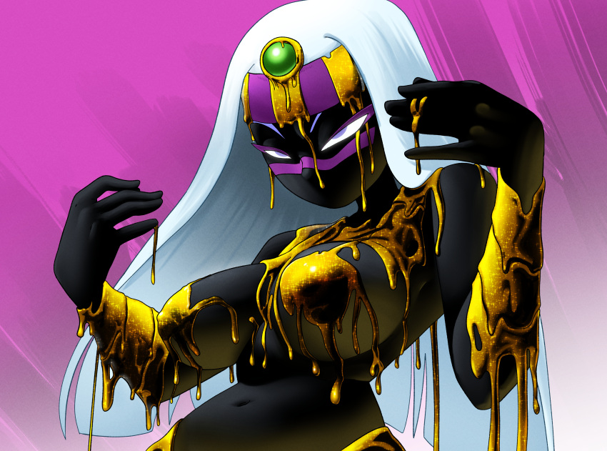 5_fingers absurd_res alien alien_humanoid big_breasts black_body breasts convenient_censorship duck_dodgers eyebrows female fingers hair half-length_portrait hi_res humanoid inker_comics long_hair martian mouthless navel not_furry nude portrait purple_eyes queen_tyr'ahnee solo white_hair