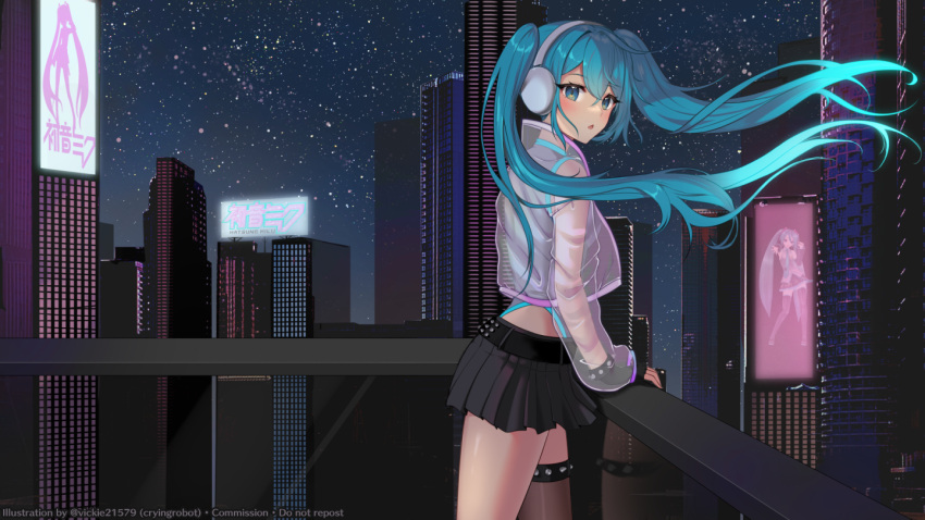 1girl balcony billboard black_skirt blue_eyes blue_hair blush cityscape commentary floating_hair hatsune_miku headphones jacket long_hair long_sleeves looking_at_viewer night open_mouth silhouette skirt solo star_(sky) twintails very_long_hair vickie_(cryingrobot) vocaloid vocaloid_boxart_pose