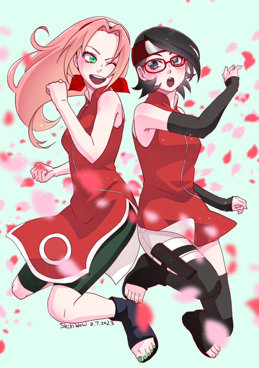 2girls absurdres black_eyes blush boruto:_naruto_next_generations cherry_blossoms forehead_protector glasses green_eyes hairband haruno_sakura headband highres long_hair mother_and_daughter multiple_girls naruto naruto_(series) one_eye_closed open_mouth petals red-framed_eyewear shikiwo short_hair short_shorts shorts sleeveless teeth thighhighs time_paradox toeless_footwear uchiha_sarada upper_teeth_only