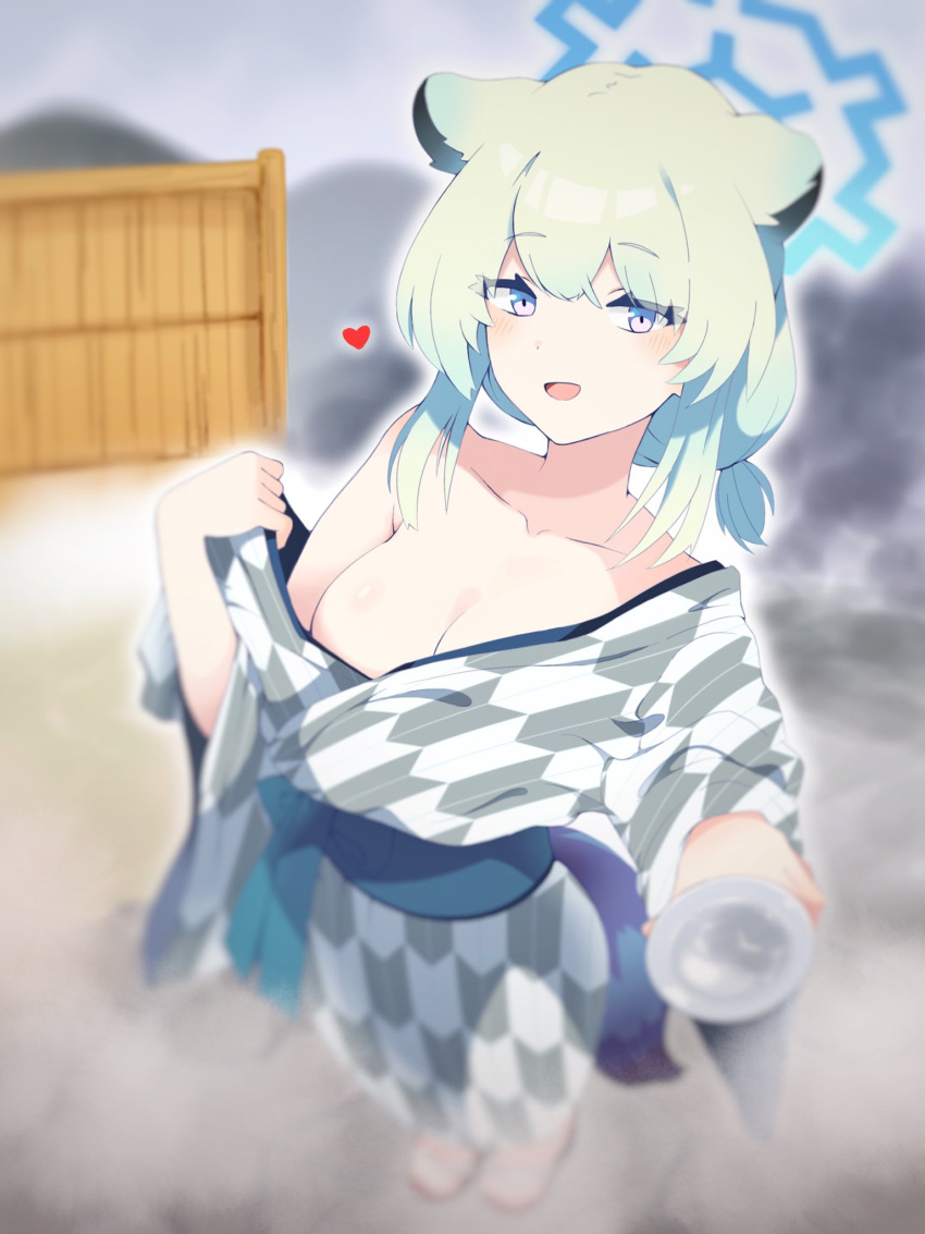 1girl animal_ears aqua_hair blue_archive blue_eyes blurry breasts cleavage collarbone cup depth_of_field dot_nose flashing grey_kimono halo heart highres holding holding_cup japanese_clothes kimono long_sleeves looking_at_viewer medium_breasts obi onsen open_mouth outdoors sakazuki sash shigure_(blue_archive) shigure_(hot_spring)_(blue_archive) single_bare_shoulder smile solo standing steam tail uni_gyoza yagasuri