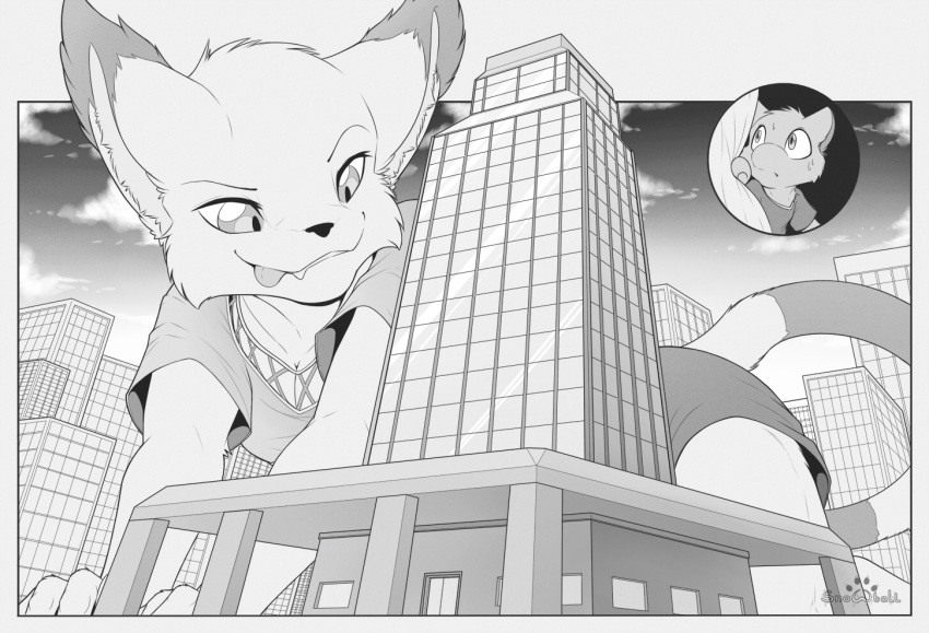 anthro bandai_namco bodily_fluids border bottomwear breasts building city cityscape cleavage clothed clothing cloud digimon digimon_(species) digital_drawing_(artwork) digital_media_(artwork) duo fangs female fur gatomon generation_1_pokemon greyscale larger_anthro larger_female legendary_pokemon licking licking_lips licking_own_lips macro male mew_(pokemon) monochrome myu_(s2-freak) nintendo outside pokemon pokemon_(species) s2-freak shirt shorts size_difference sky skyscraper smaller_anthro smaller_male sweat sweatdrop tayl_(s2-freak) teeth tongue tongue_out topwear watermark window worried