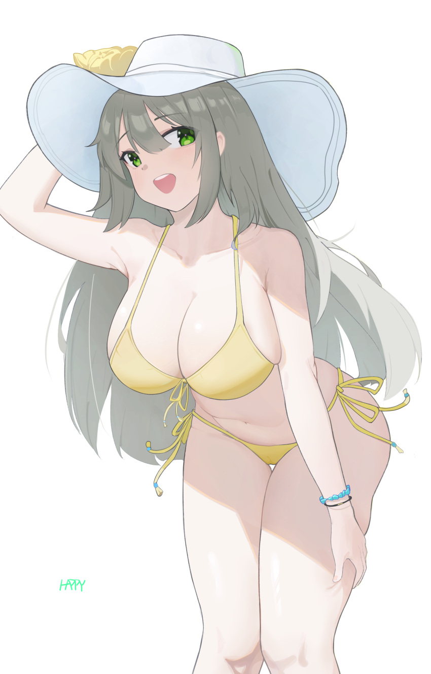 1girl absurdres artist_name bikini blue_archive breasts cleavage commentary feet_out_of_frame front-tie_bikini_top front-tie_top green_eyes grey_hair happy05x hat_tug highres large_breasts leaning_forward long_hair looking_ahead nonomi_(blue_archive) nonomi_(swimsuit)_(blue_archive) official_alternate_costume open_mouth side-tie_bikini_bottom simple_background smile solo swimsuit teeth upper_teeth_only white_background white_headwear yellow_bikini