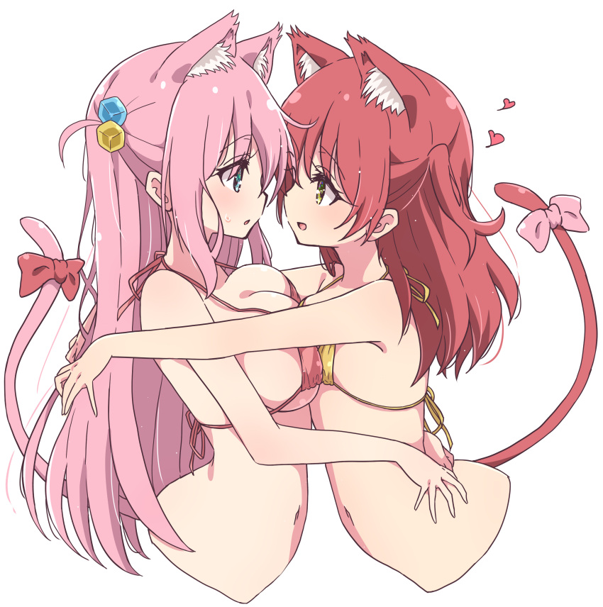 2girls absurdres animal_ears asymmetrical_docking bikini bikini_top_only blue_eyes bocchi_the_rock! bow breast_press breasts cat_ears cat_girl cat_tail cube_hair_ornament eye_contact gotoh_hitori green_eyes hair_ornament highres kemonomimi_mode kita_ikuyo large_breasts long_hair looking_at_another mel_(melty_pot) multiple_girls navel open_mouth pink_bikini pink_bow pink_hair red_bow red_hair simple_background small_breasts smile swimsuit tail tail_bow tail_ornament white_background yellow_bikini yellow_eyes yuri