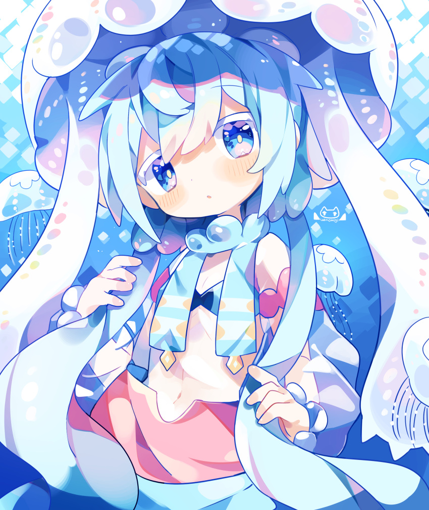 1girl :o absurdres artist_logo artist_name blue_background blue_bra blue_eyes blue_hair blue_theme blush blush_stickers bra bracelet crossed_bangs diamond_(shape) dot_nose flat_chest hair_between_eyes highres holding holding_hair jacket jellyfish jellyfish_girl jewelry light_blue_hair long_hair looking_at_viewer midriff monster_girl navel open_clothes open_jacket original scarf see-through see-through_jacket solo tentacle_hair uenomigi underwear upper_body very_long_hair