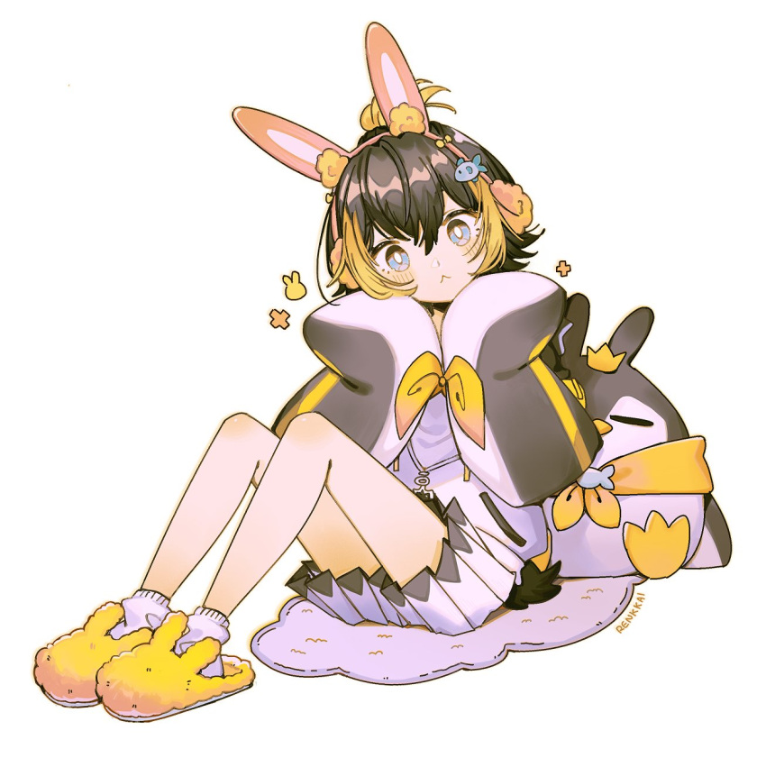 :&lt; animal_ears animal_slippers blonde_hair blue_eyes blush brown_hair bunny_slippers commentary fake_animal_ears fish_hair_ornament hair_ornament highres multicolored_hair nijisanji nijisanji_en pentomo_(petra_gurin) petra_gurin petra_gurin_(1st_costume) pleated_skirt rabbit_ears renkkai short_hair sitting skirt slippers socks streaked_hair symbol-only_commentary two-tone_hoodie white_skirt white_socks