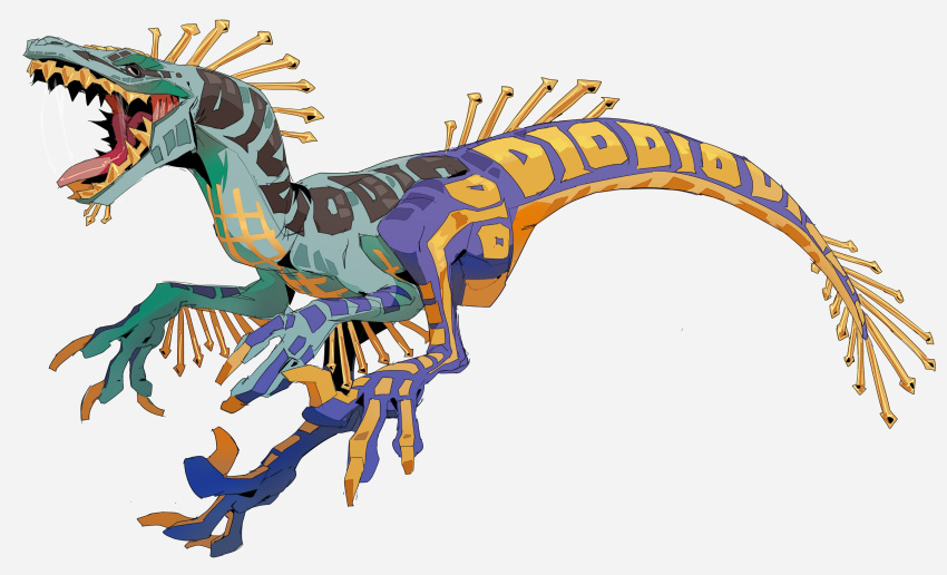 absurd_res claws diego_brando dinosaur dromaeosaurid feral hi_res indigobeats jojo's_bizarre_adventure male multicolored_body open_mouth reptile scalie simple_background solo text_on_body theropod velociraptor