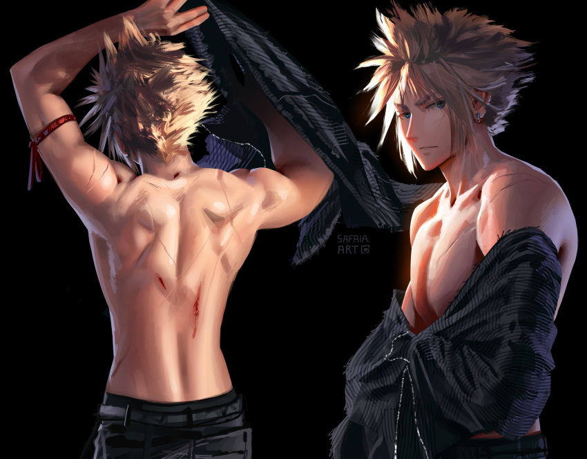 1boy absurdres arm_ribbon arms_up bare_shoulders black_background black_pants black_shirt blonde_hair blood_on_back blue_eyes closed_mouth cloud_strife collarbone commentary earrings final_fantasy final_fantasy_vii final_fantasy_vii_advent_children from_behind highres injury jewelry looking_at_viewer looking_to_the_side male_focus multiple_views pants red_ribbon ribbed_shirt ribbon safaiaart scar scar_on_back scar_on_chest scar_on_shoulders serious shirt short_hair single_earring spiked_hair stud_earrings symbol-only_commentary toned toned_male topless_male undressing upper_body